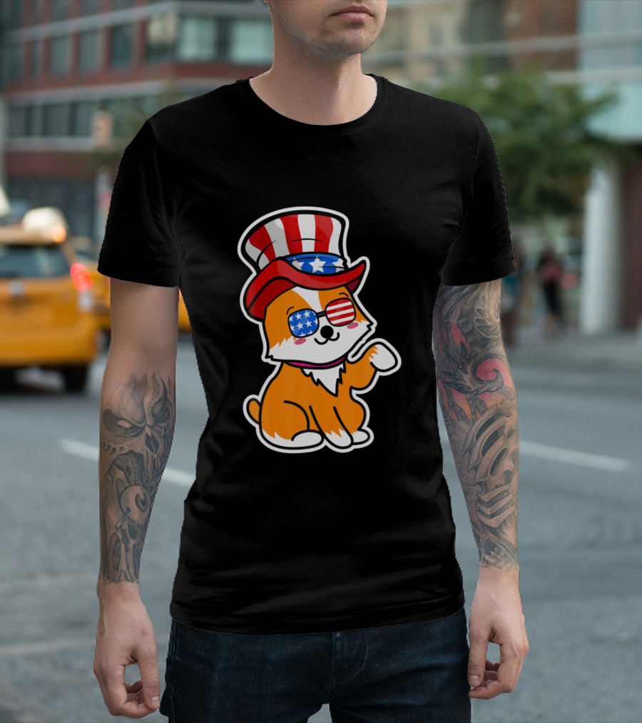 Kawaii Corgi with Patriotic American Flag Sunglasses and Hat T-Shirt