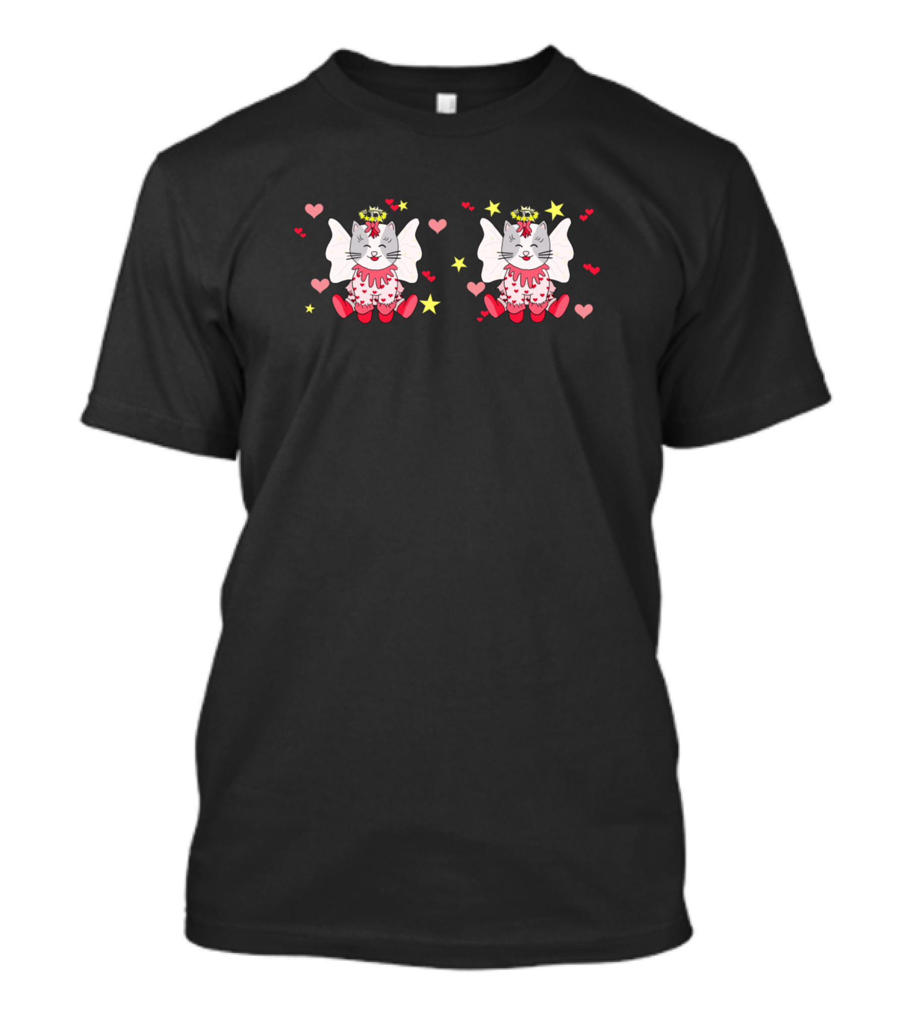 Kawaii Xmas Angel Cat Cute Holiday Stars Hearts T-Shirt