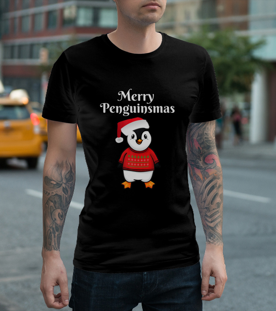 Merry Penguinsmas Penguin Santa Hat Christmas T-Shirt