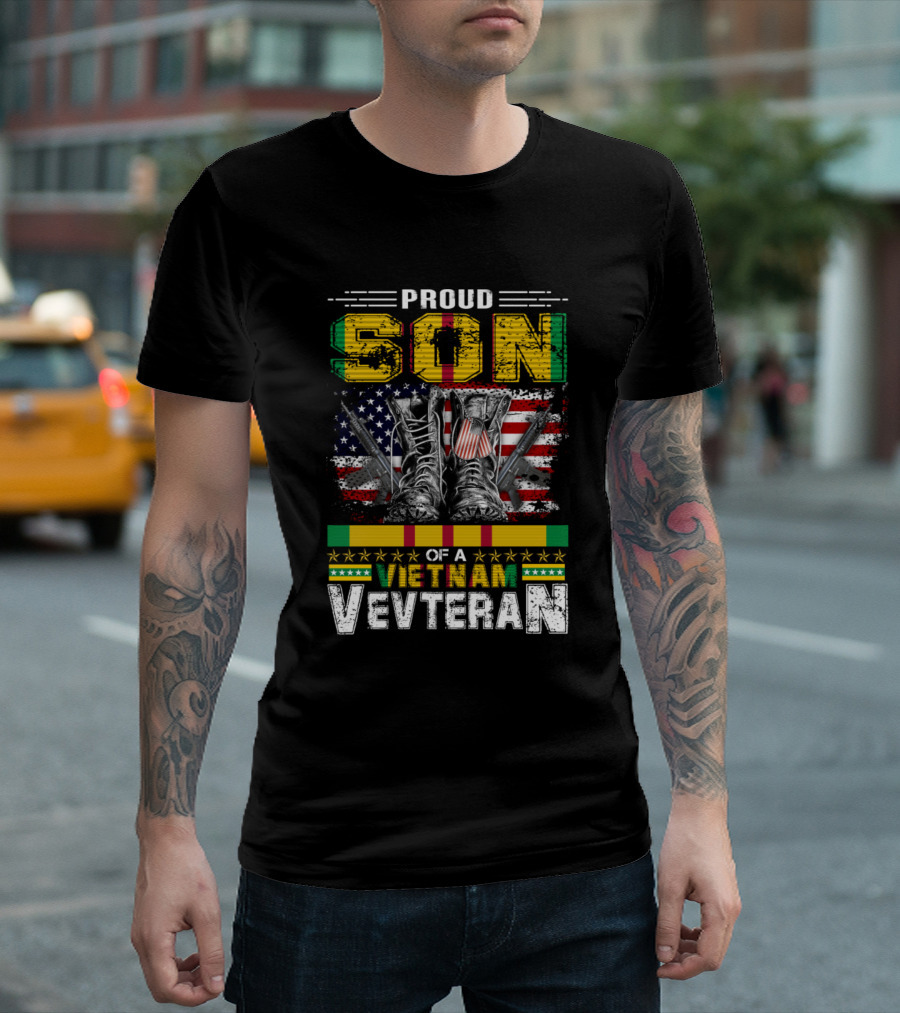 Proud Son Of A Vietnam Veteran American Flag Combat Boots Recognition T-Shirt