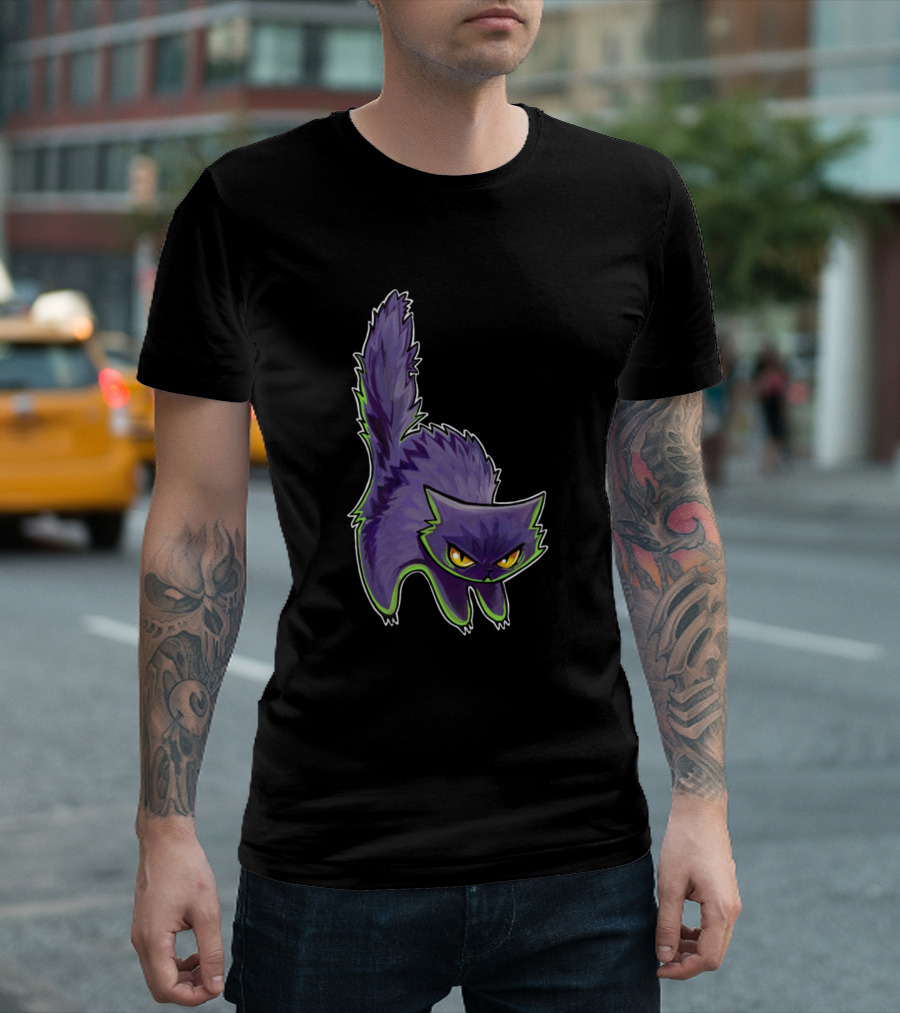 Purple Hiss Angry Cartoon Cat with Yellow Eyes and Spiky Fur T-Shirt