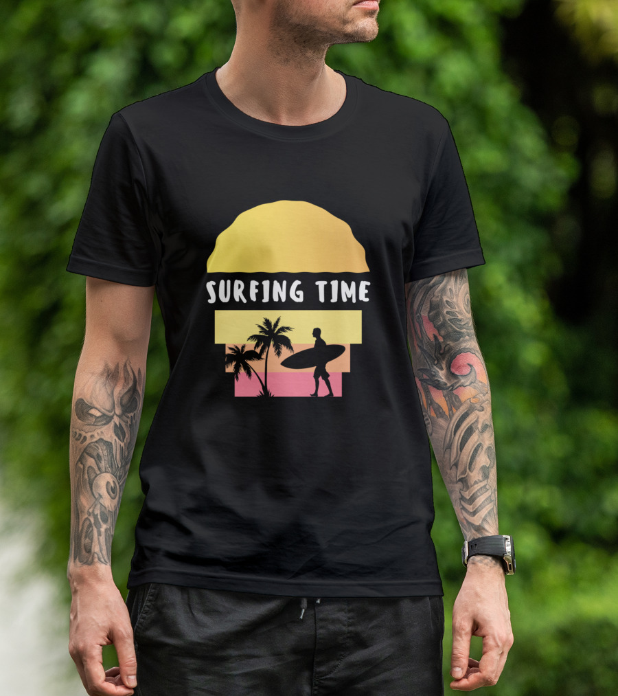 Surfing Time Sunset Beach Surf Silhouette Palm Sunset T-Shirt