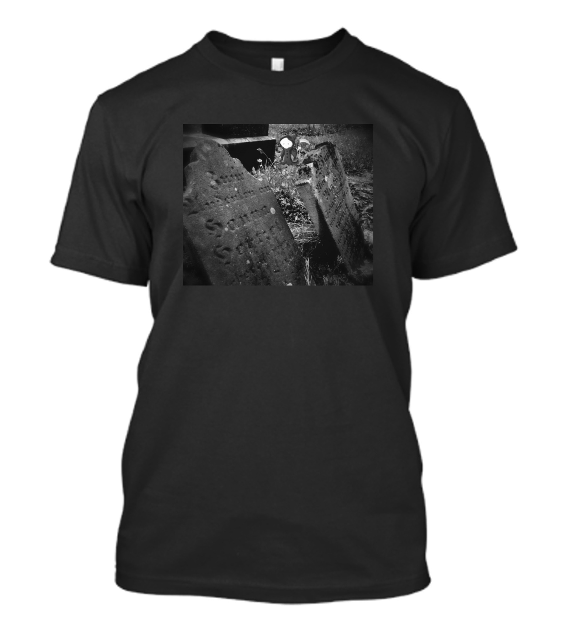 Tombstone And Adorable Grim Reaper In Mysterious Graveyard Scene T-Shirt