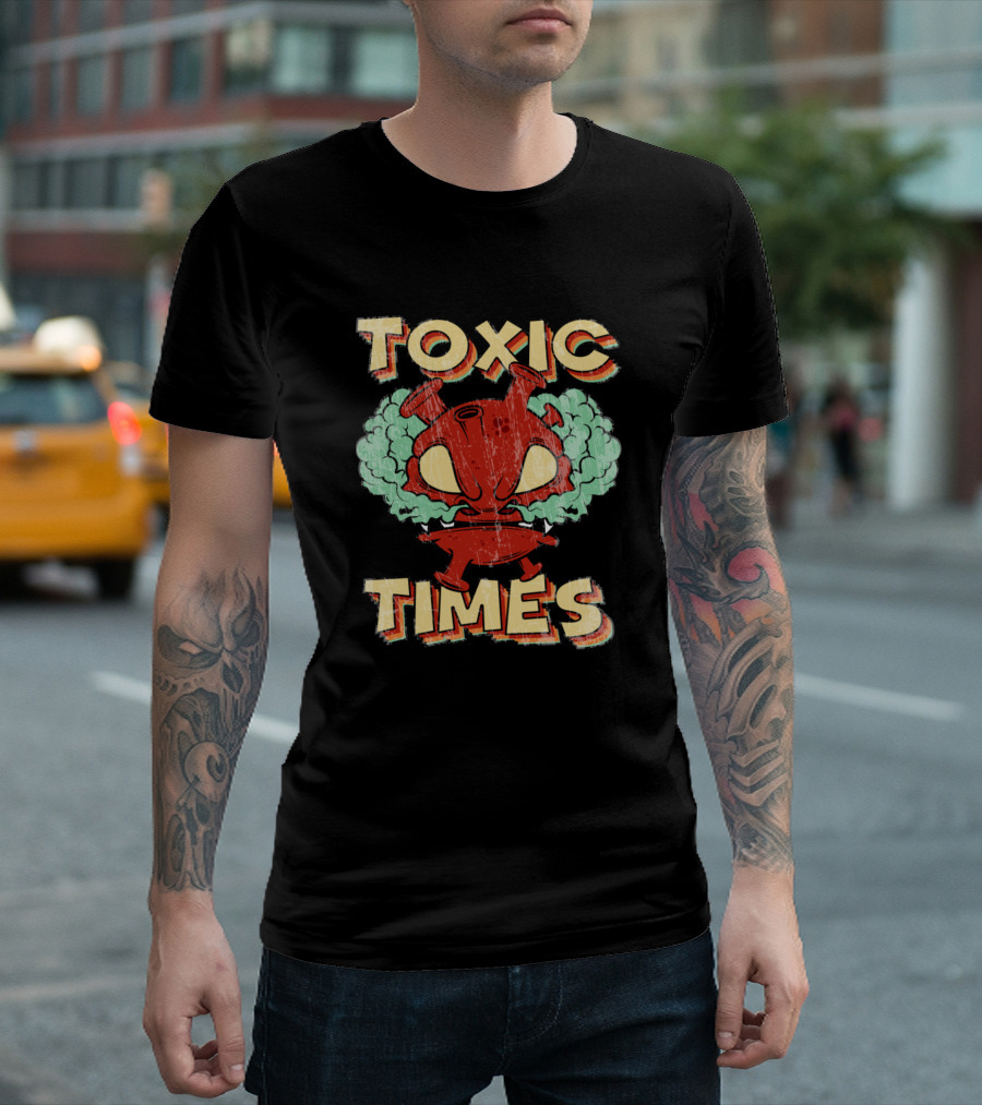 TOXIC TIMES Cartoon Virus Character with Smoke and Bold Letters T-Shirt