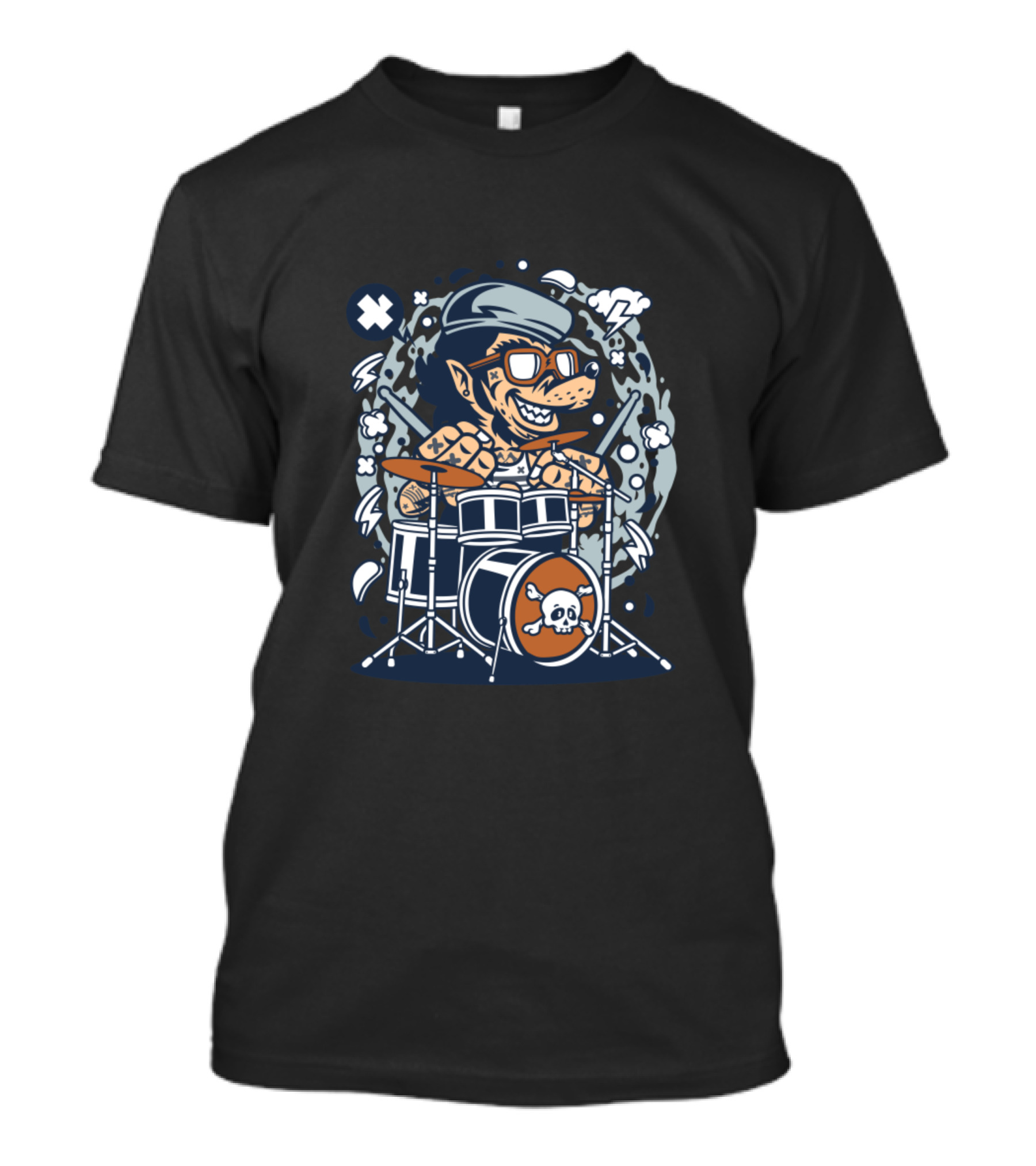Wolf Drummer Cartoon Skull Bandana Tattoo T-Shirt