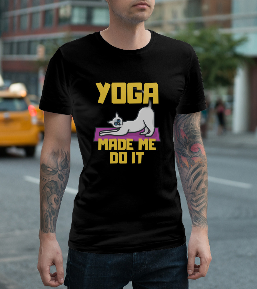 YOGA MADE ME DO IT Cat Pose On Purple Mat T-Shirt