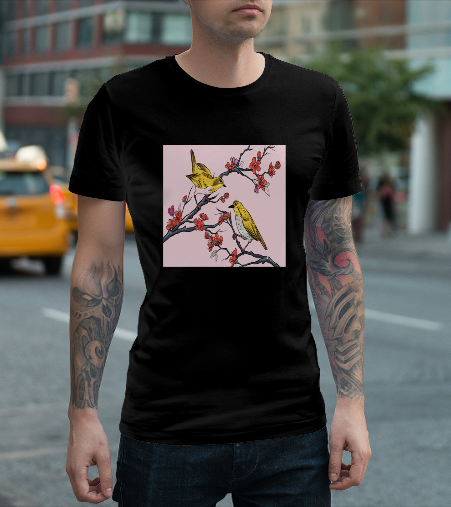 Botanical Asian Birds With Floral Blossoms T-Shirt