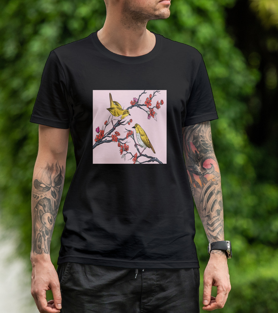 Botanical Asian Birds With Floral Blossoms T-Shirt