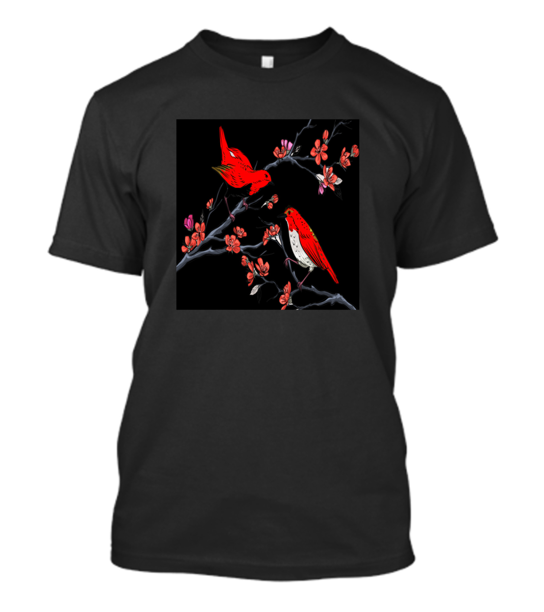 Chinese Birds Floral Cherry Blossom Branches Red And Pink Blooms T-Shirt