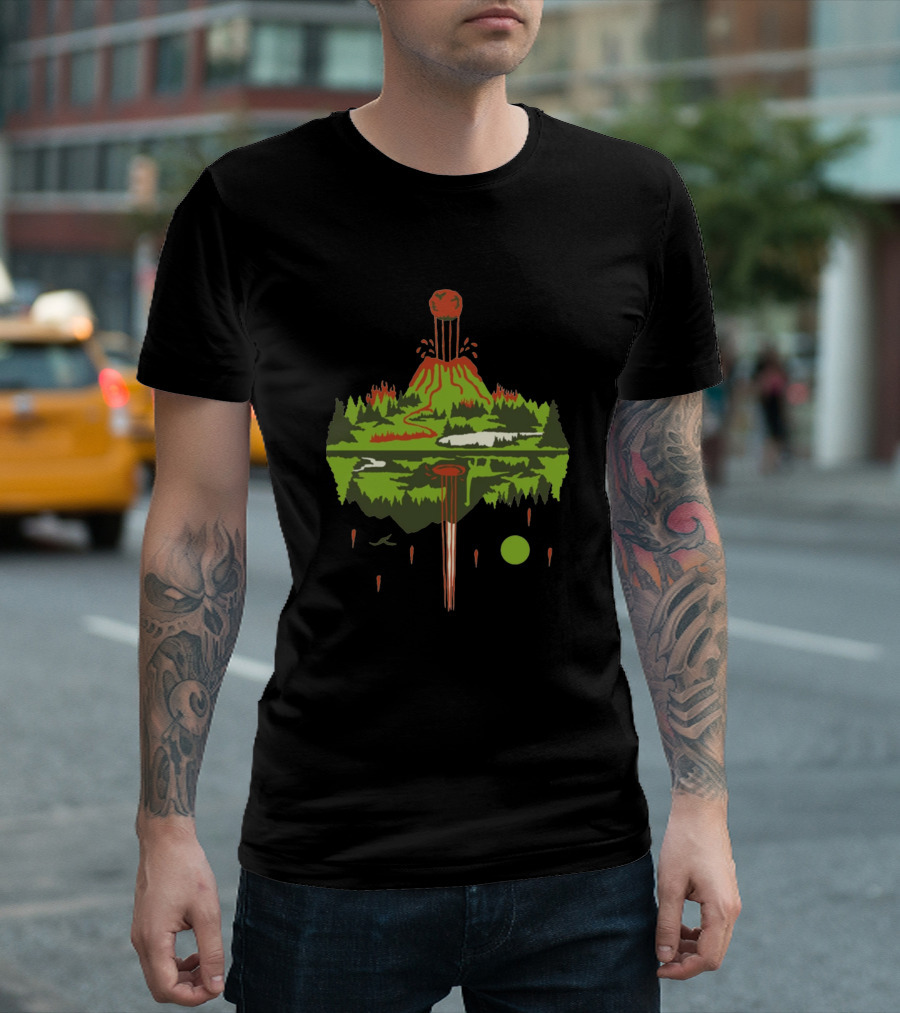 Molten Peak Erupting Over Verdant Landscape with Reflection T-Shirt