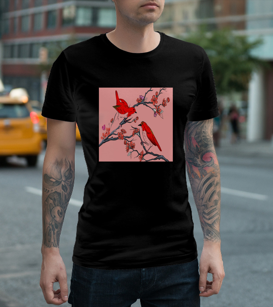 Asian Chinese Flower Pattern With Red Birds T-Shirt