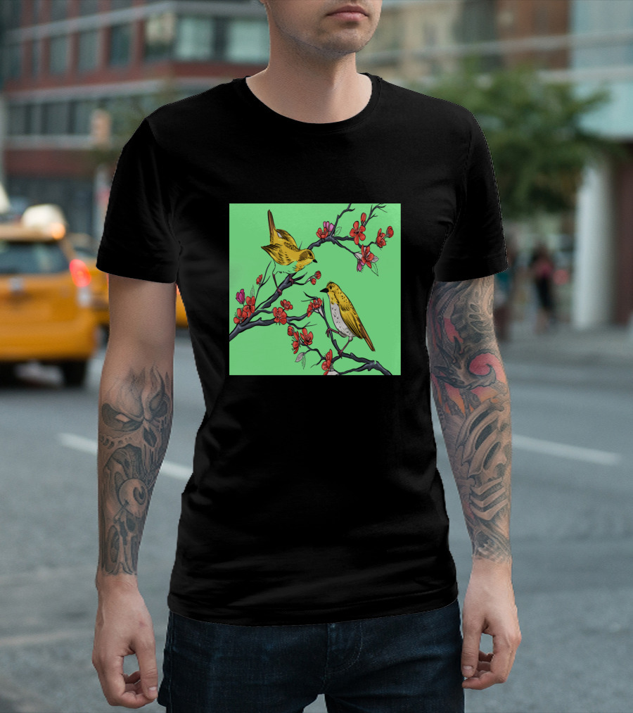 Flowers Botanical Branches Asian Birds T-Shirt