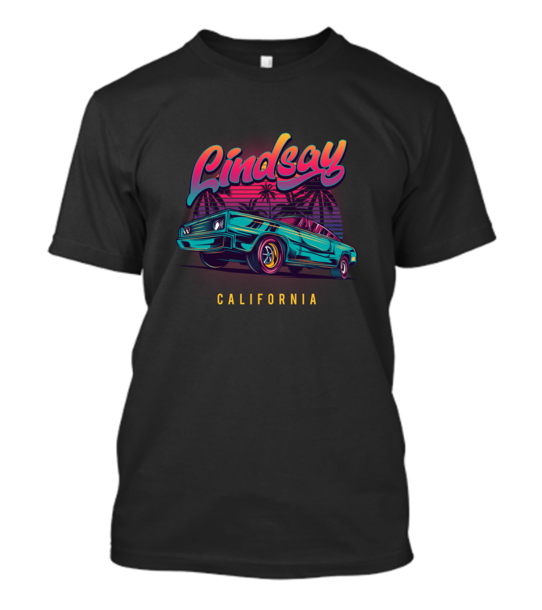 Lindsay California Retro Vintage Muscle Car With Palm Trees And Sunset T-Shirt