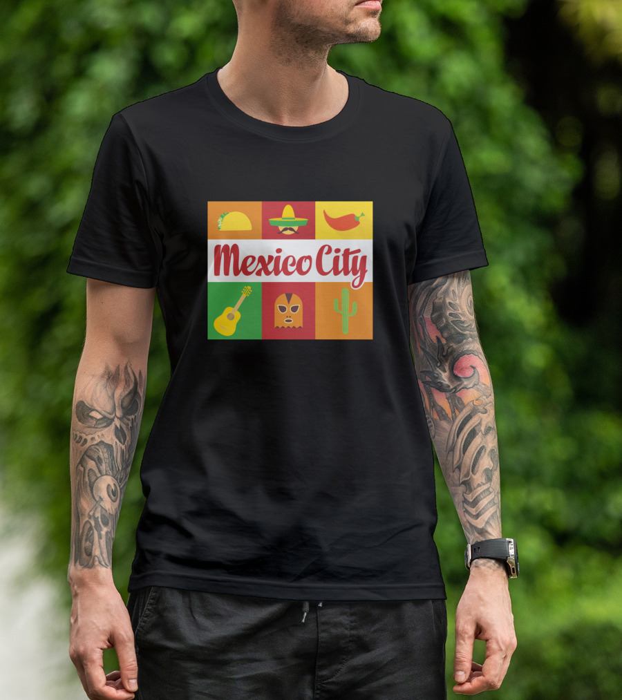 Mexico City Taco Sombrero Chili Guitar Mask Cactus T-Shirt