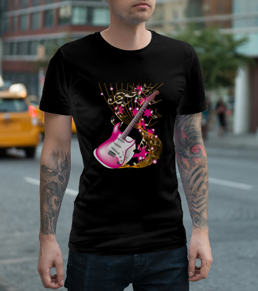 Pink Guitar Musical Notes And Stars T-Shirt