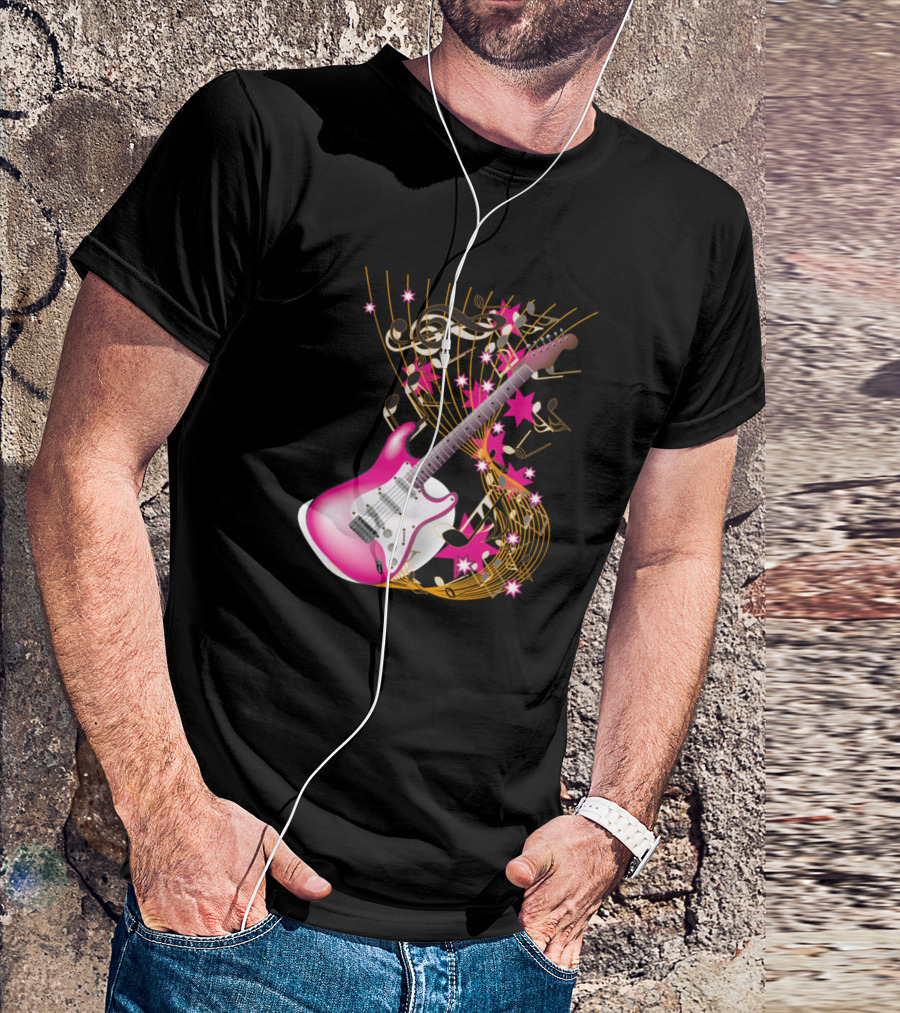 Pink Guitar Musical Notes And Stars T-Shirt