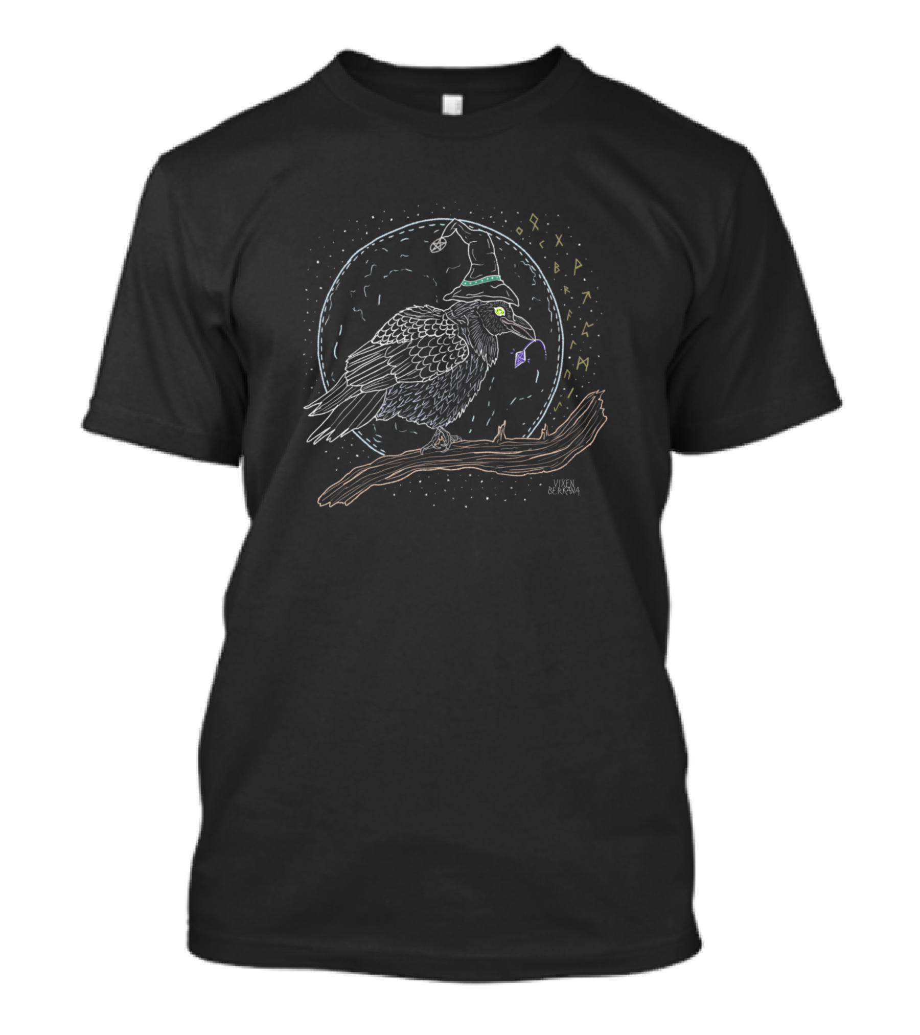 Raven Night Witch Hat Rune Circle Magic Black Bird T-Shirt