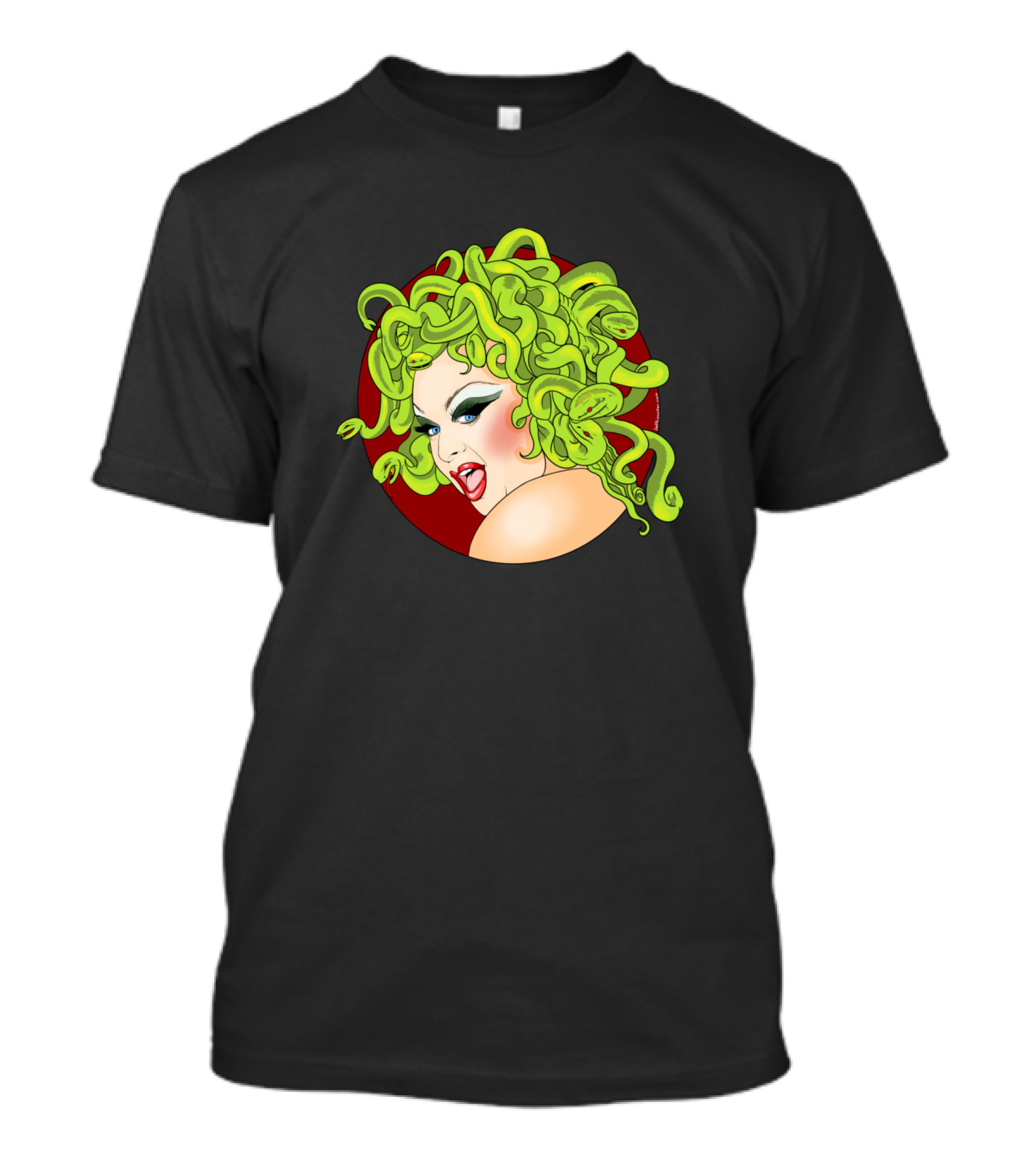 The Divine Medusa With Snake Hair And Red Circle Background T-Shirt
