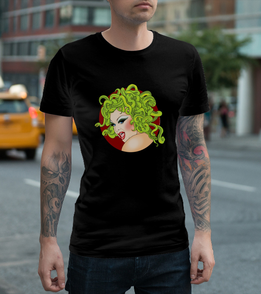 The Divine Medusa With Snake Hair And Red Circle Background T-Shirt