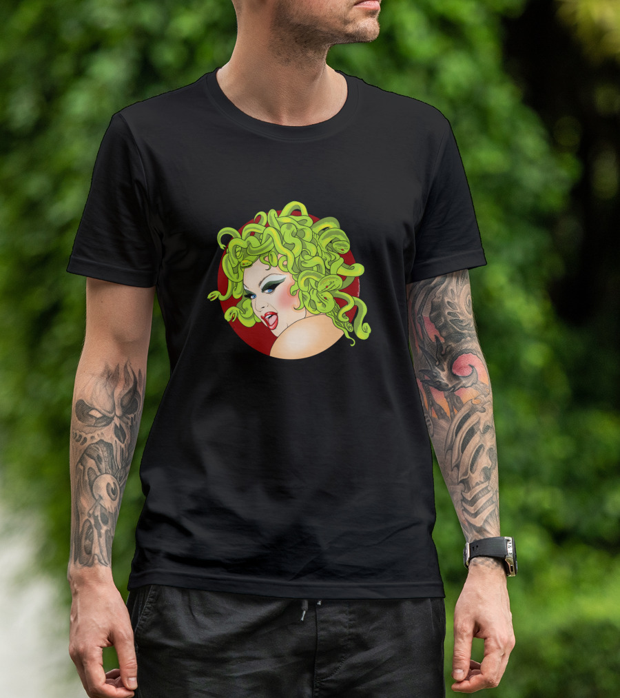 The Divine Medusa With Snake Hair And Red Circle Background T-Shirt