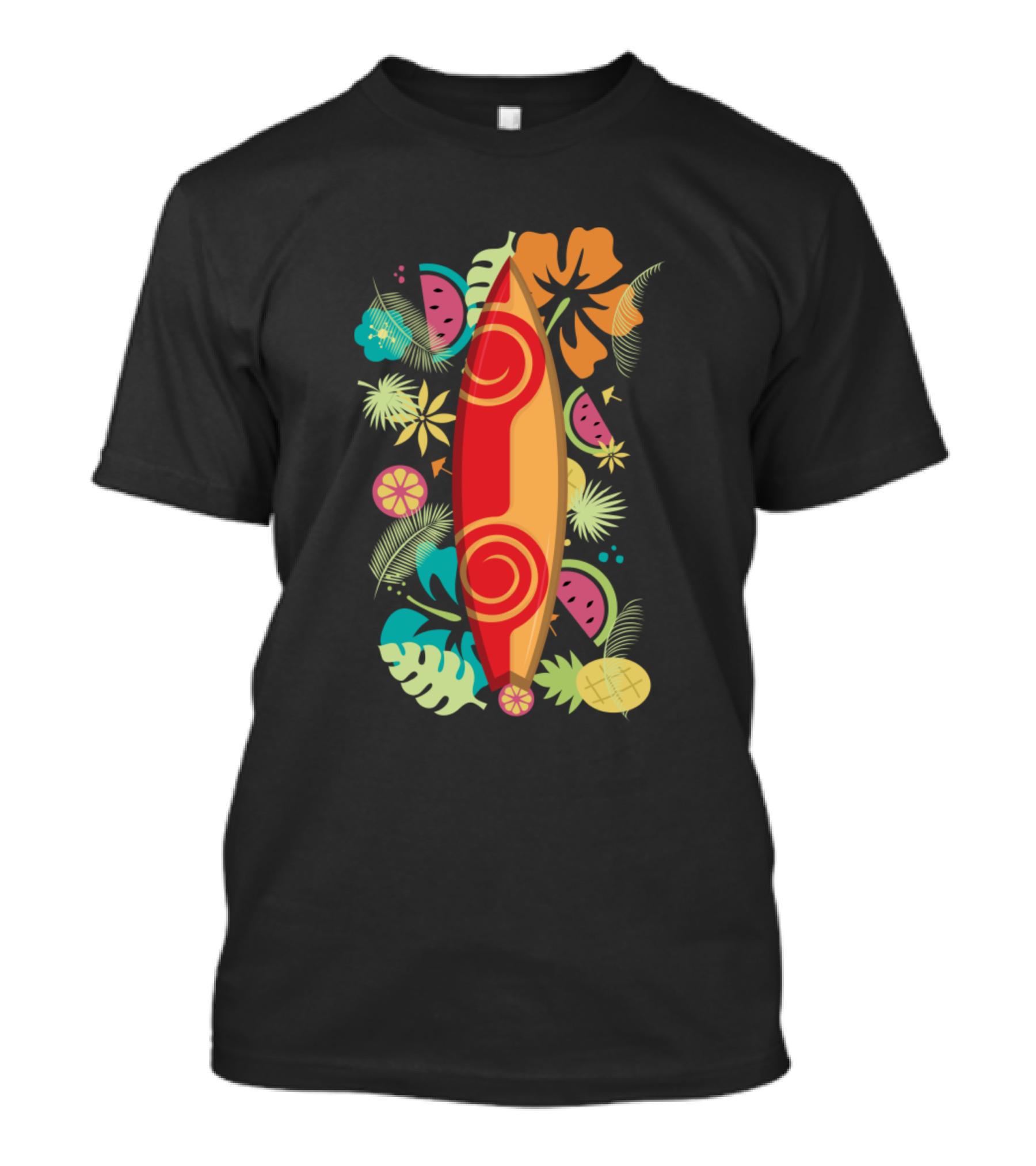 Vertical Surfboard With Tropical Fruit And Floral Elements T-Shirt