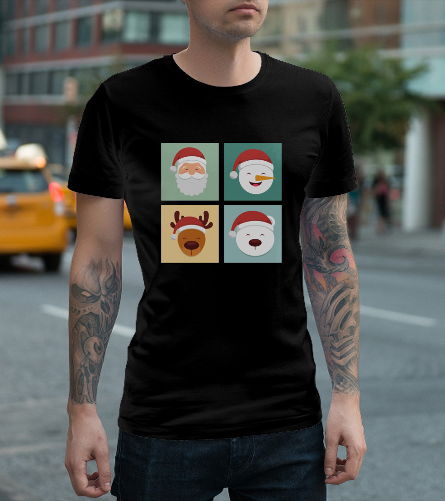 Very Happy Santa Claus Snowman Reindeer and Polar Bear Faces T-Shirt