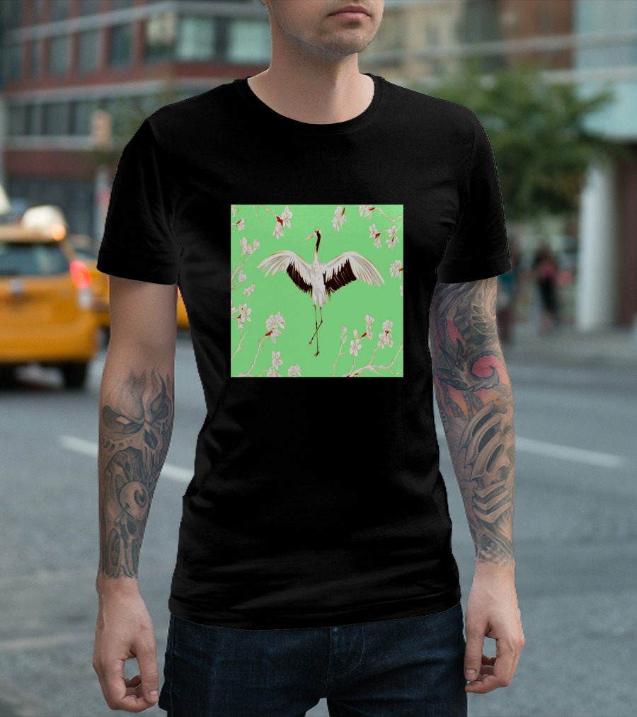 Watercolor Chinese Bird with Blossoms on Green Background T-Shirt