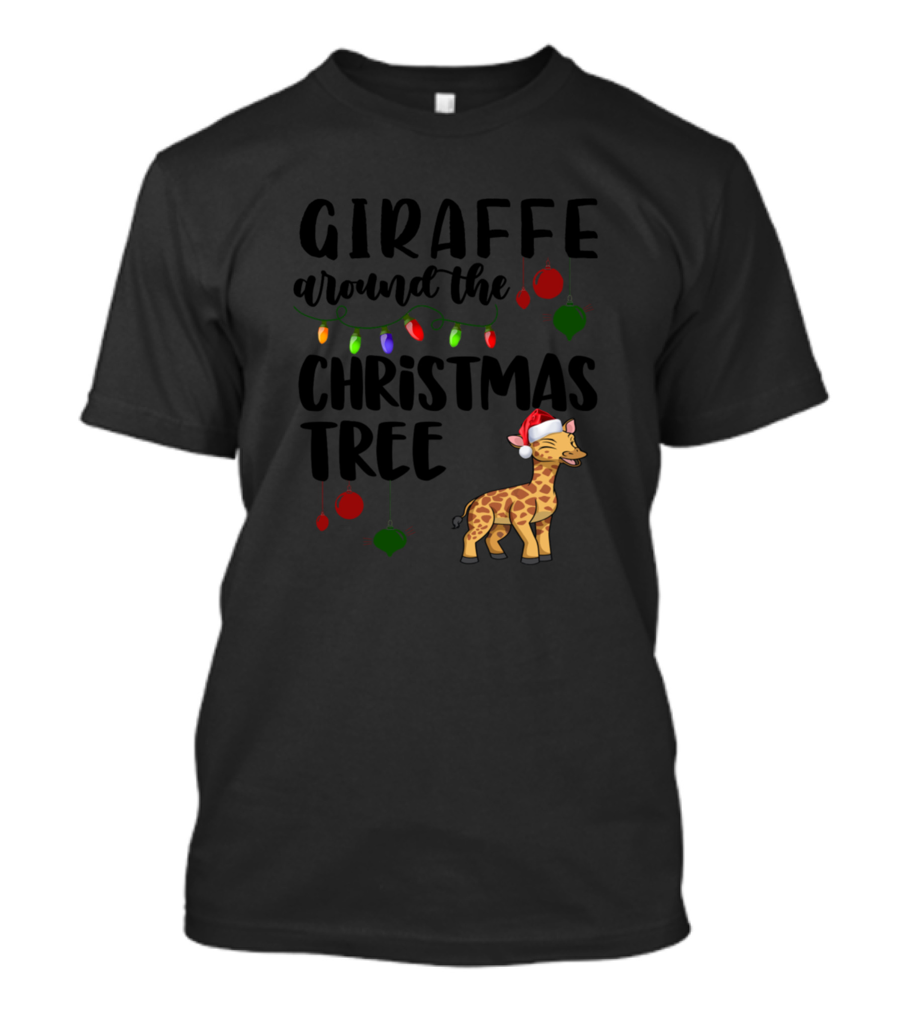 Giraffe Around The Christmas Tree Santa Hat Holiday Lights T-Shirt