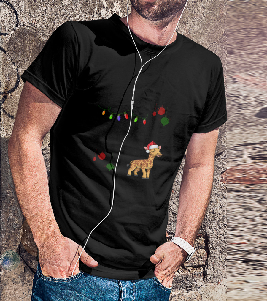 Giraffe Around The Christmas Tree Santa Hat Holiday Lights T-Shirt