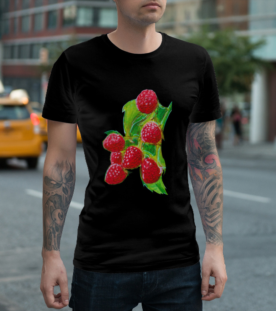 Breast Positivity White Line Art Version Red Raspberries On Green Leaves T-Shirt