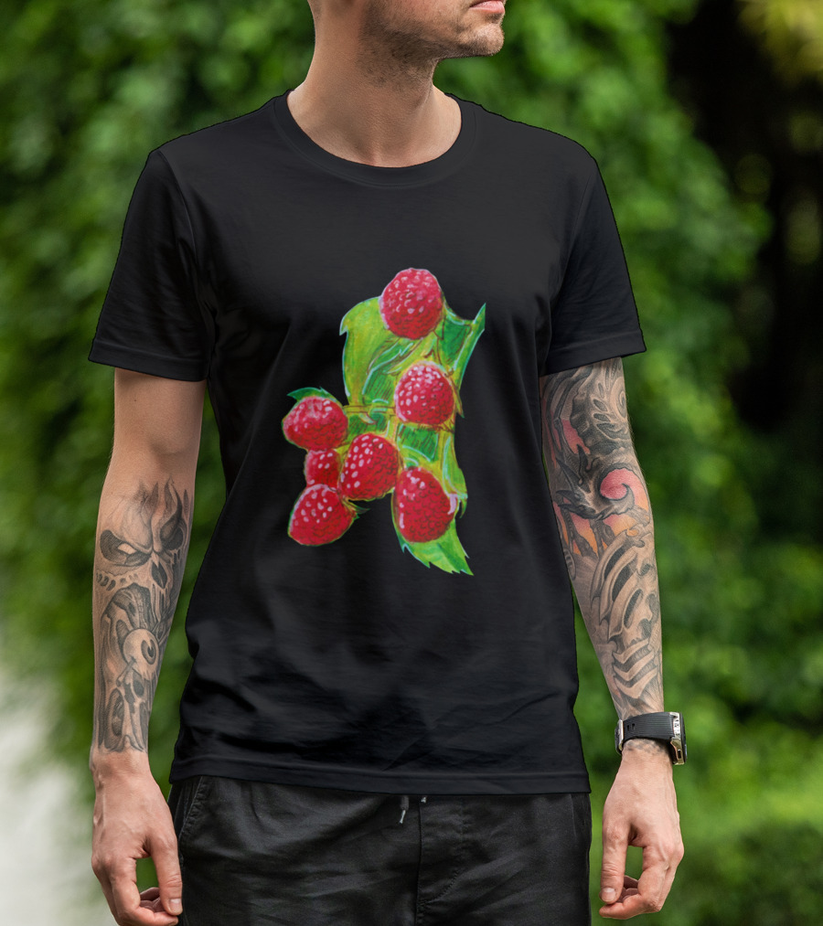 Breast Positivity White Line Art Version Red Raspberries On Green Leaves T-Shirt
