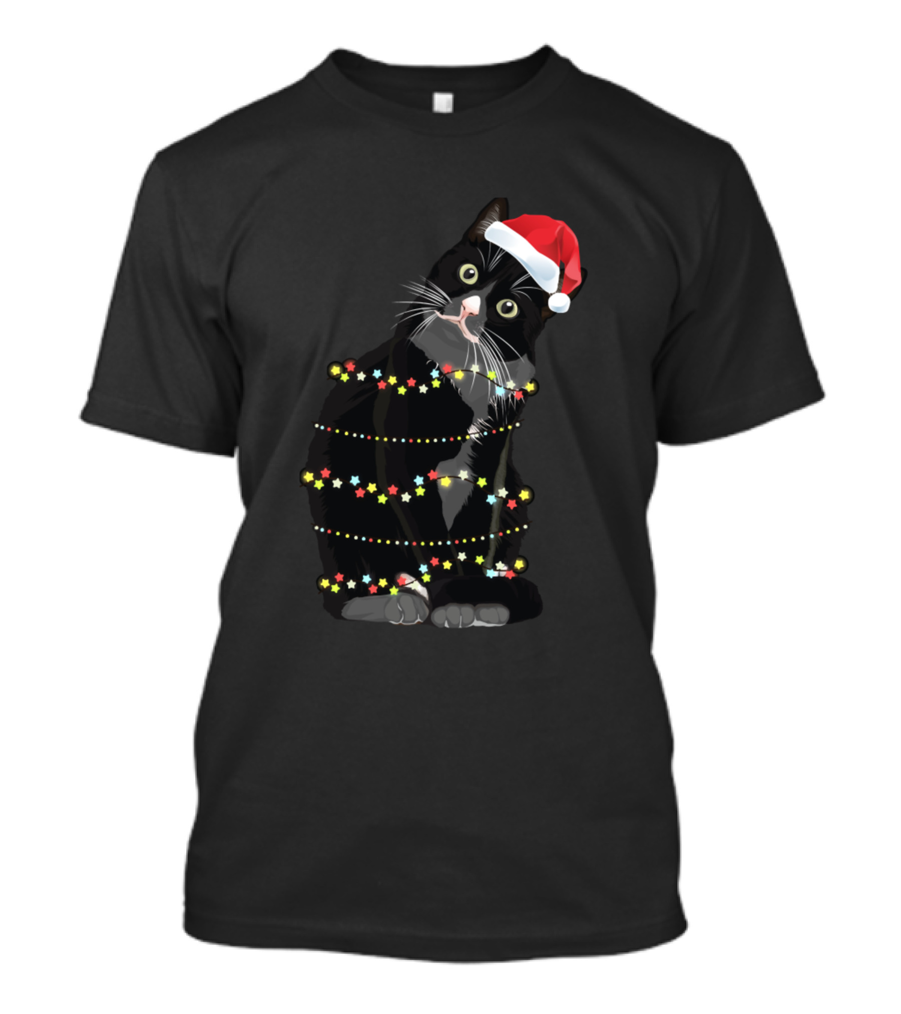 Black Cat Wrapped In Christmas Fairy Lights Wearing Santa Hat T-Shirt