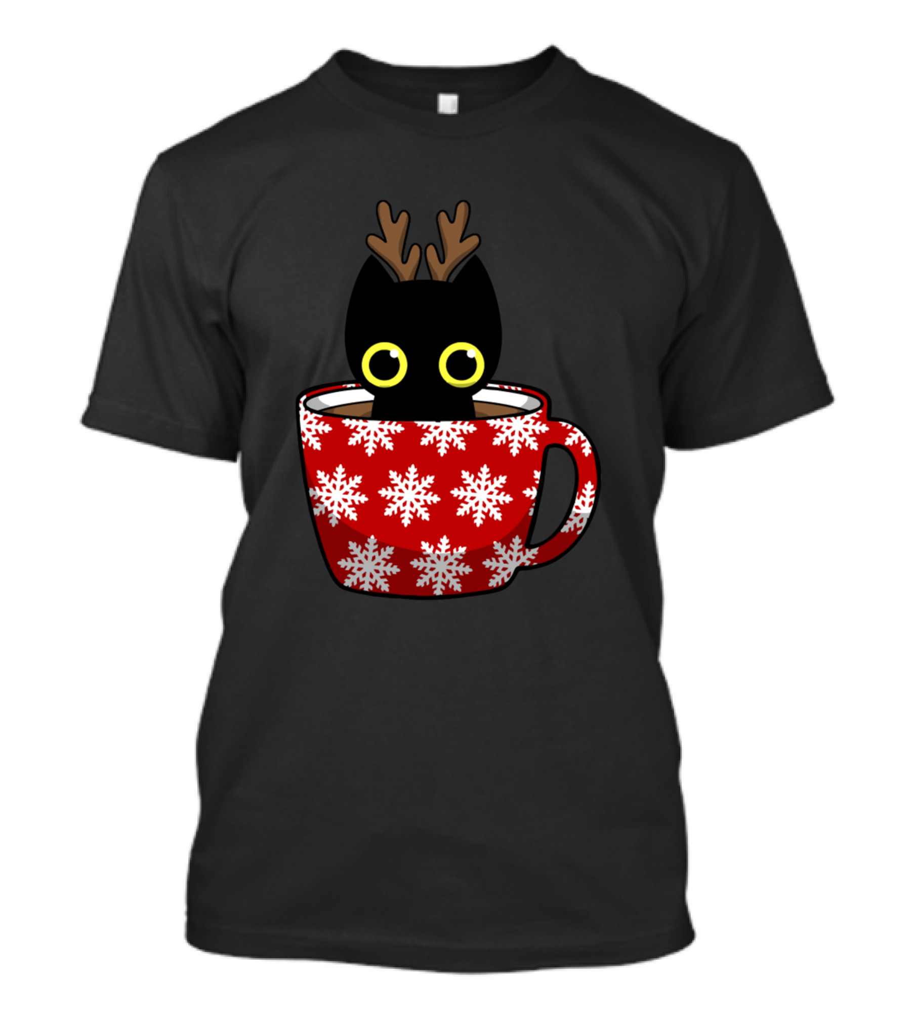 Christmas Cat In Snowflake Cup With Reindeer Antlers Holiday Kitty T-Shirt
