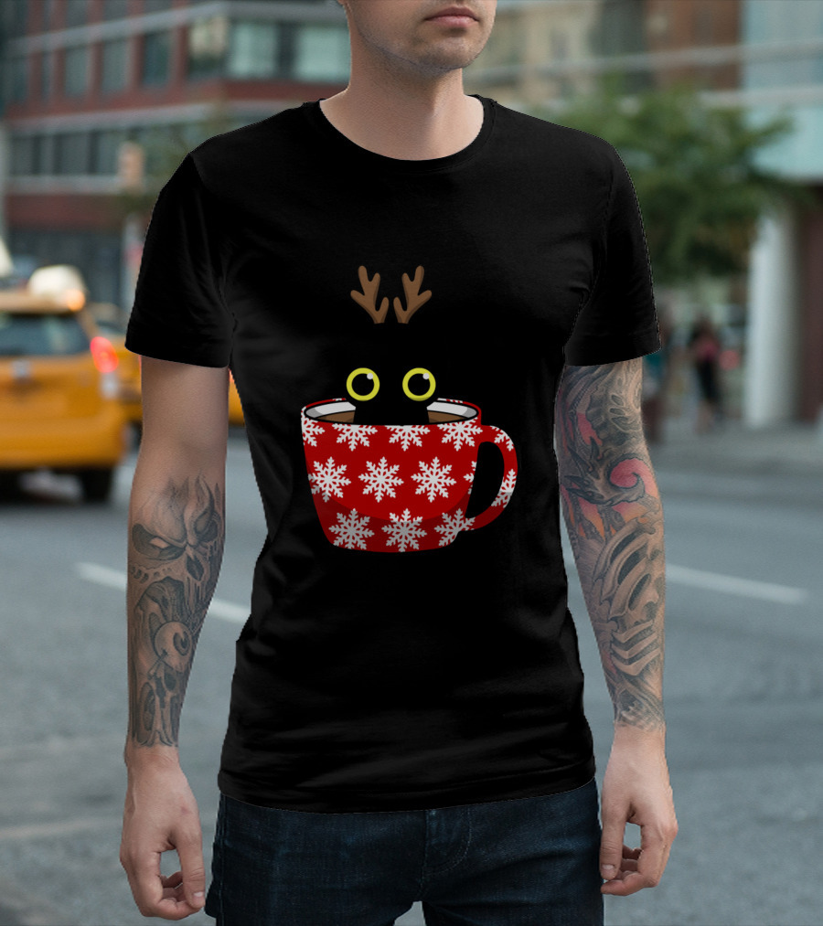 Christmas Cat In Snowflake Cup With Reindeer Antlers Holiday Kitty T-Shirt