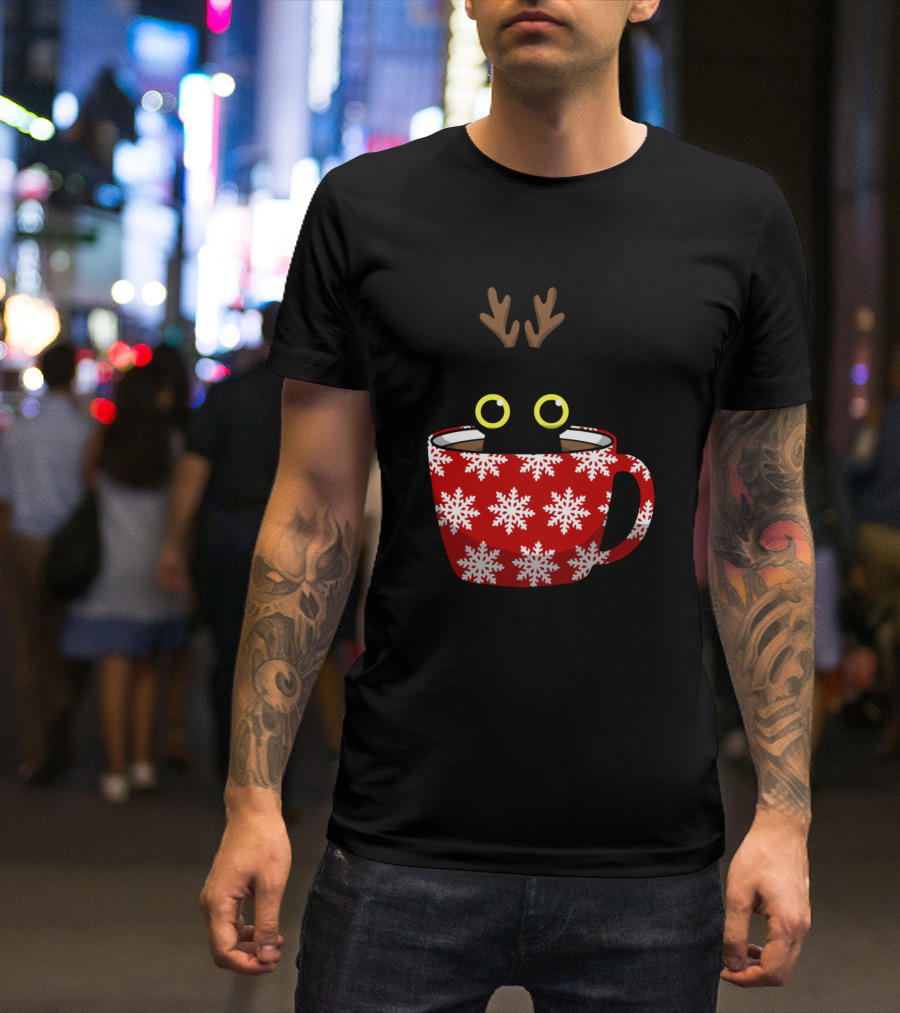 Christmas Cat In Snowflake Cup With Reindeer Antlers Holiday Kitty T-Shirt