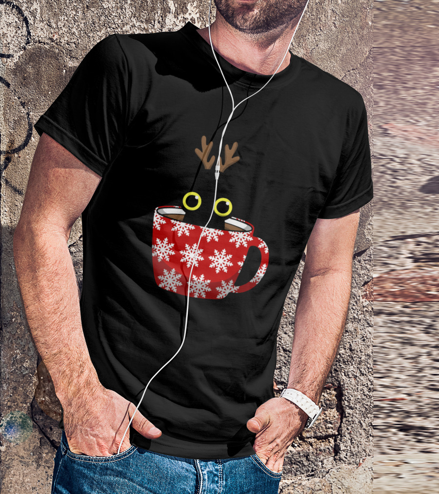 Christmas Cat In Snowflake Cup With Reindeer Antlers Holiday Kitty T-Shirt