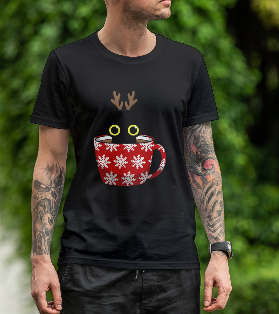 Christmas Cat In Snowflake Cup With Reindeer Antlers Holiday Kitty T-Shirt