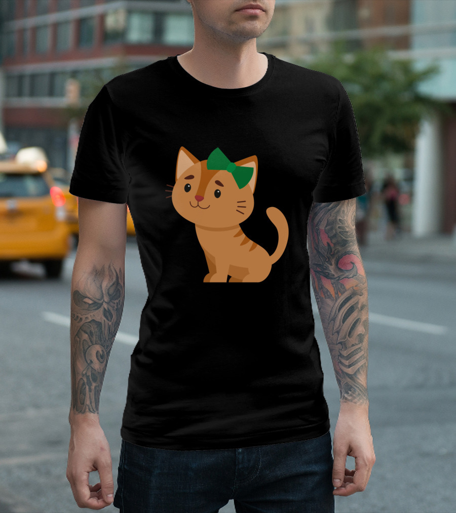 Adorable Brown Cat with Green Bow T-Shirt