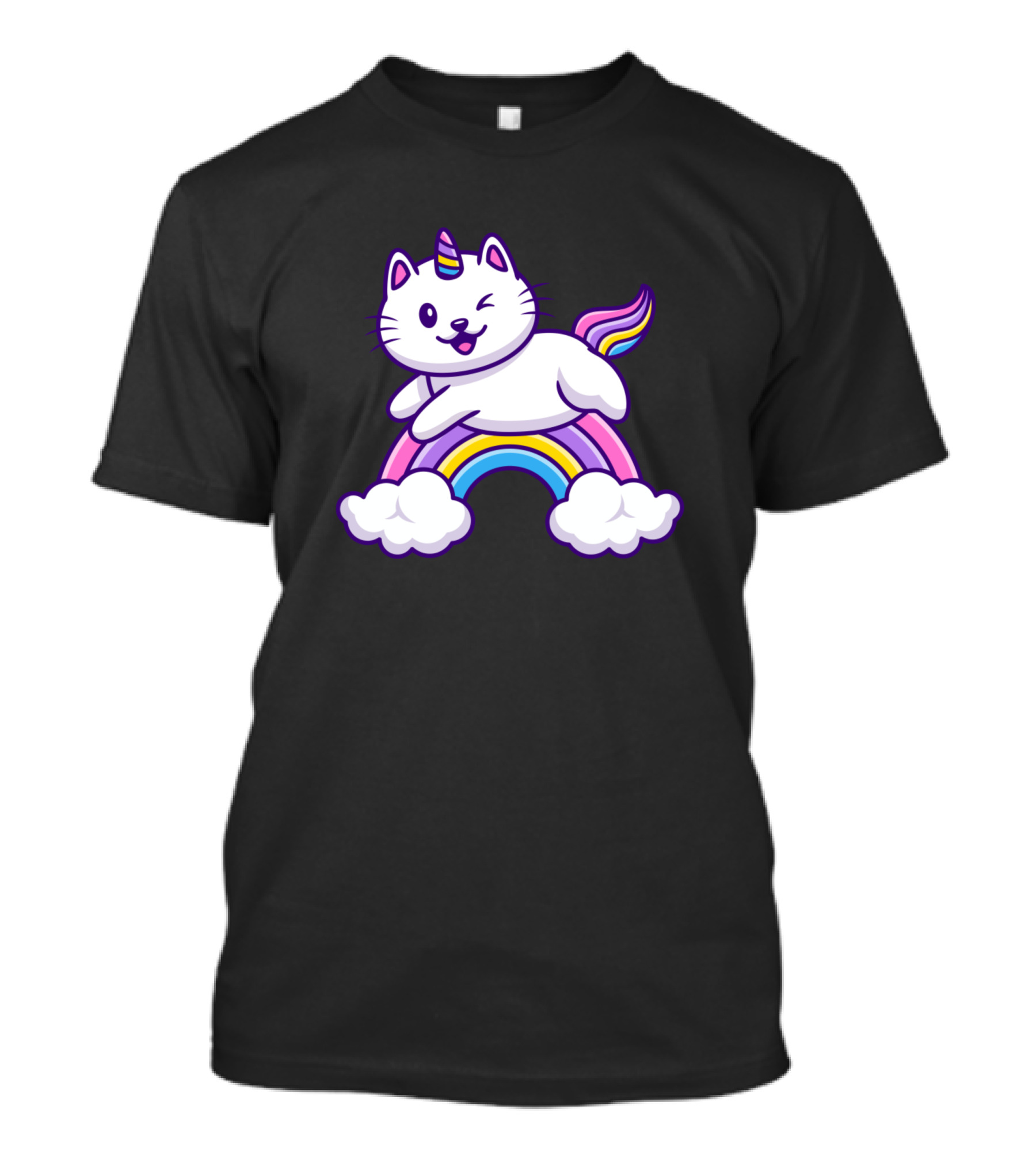 Winking Cute Cat Unicorn Riding Rainbow And Clouds T-Shirt