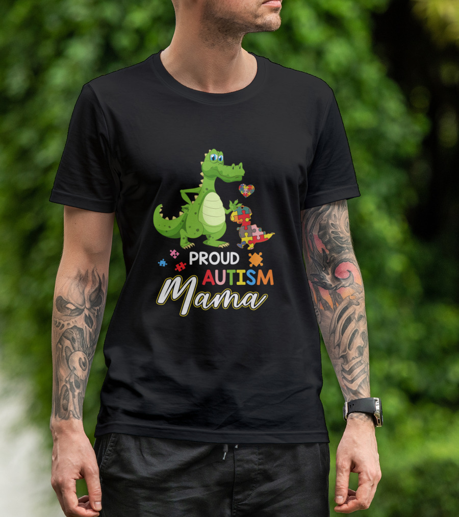 Proud Autism Mama Dinosaur Rex Puzzle Heart T-Shirt