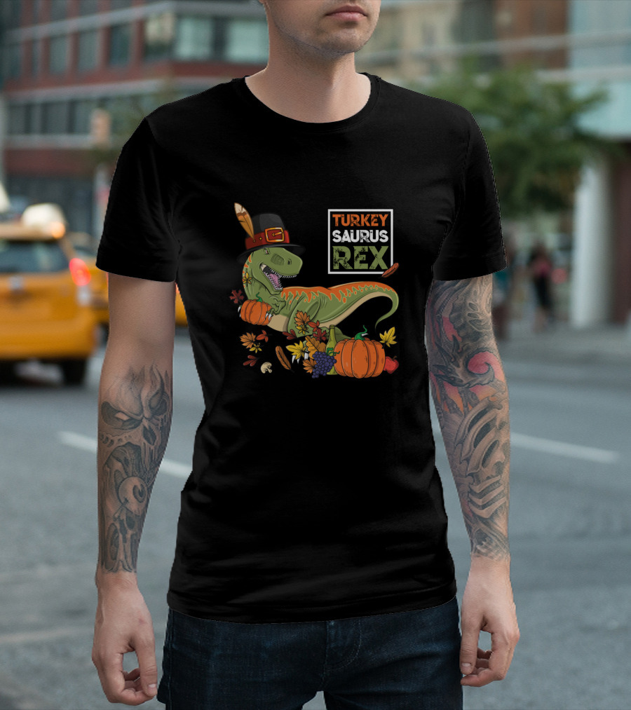 Thanksgiving Dinosaur Turkey Saurus Rex Pilgrim Hat Pumpkins T-Shirt