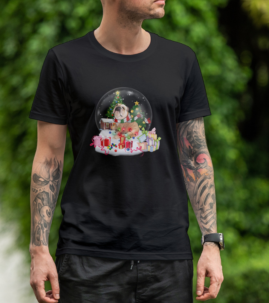 Bulldog In Snow Globe With Christmas Tree Naughty List And I Regret Nothing T-Shirt