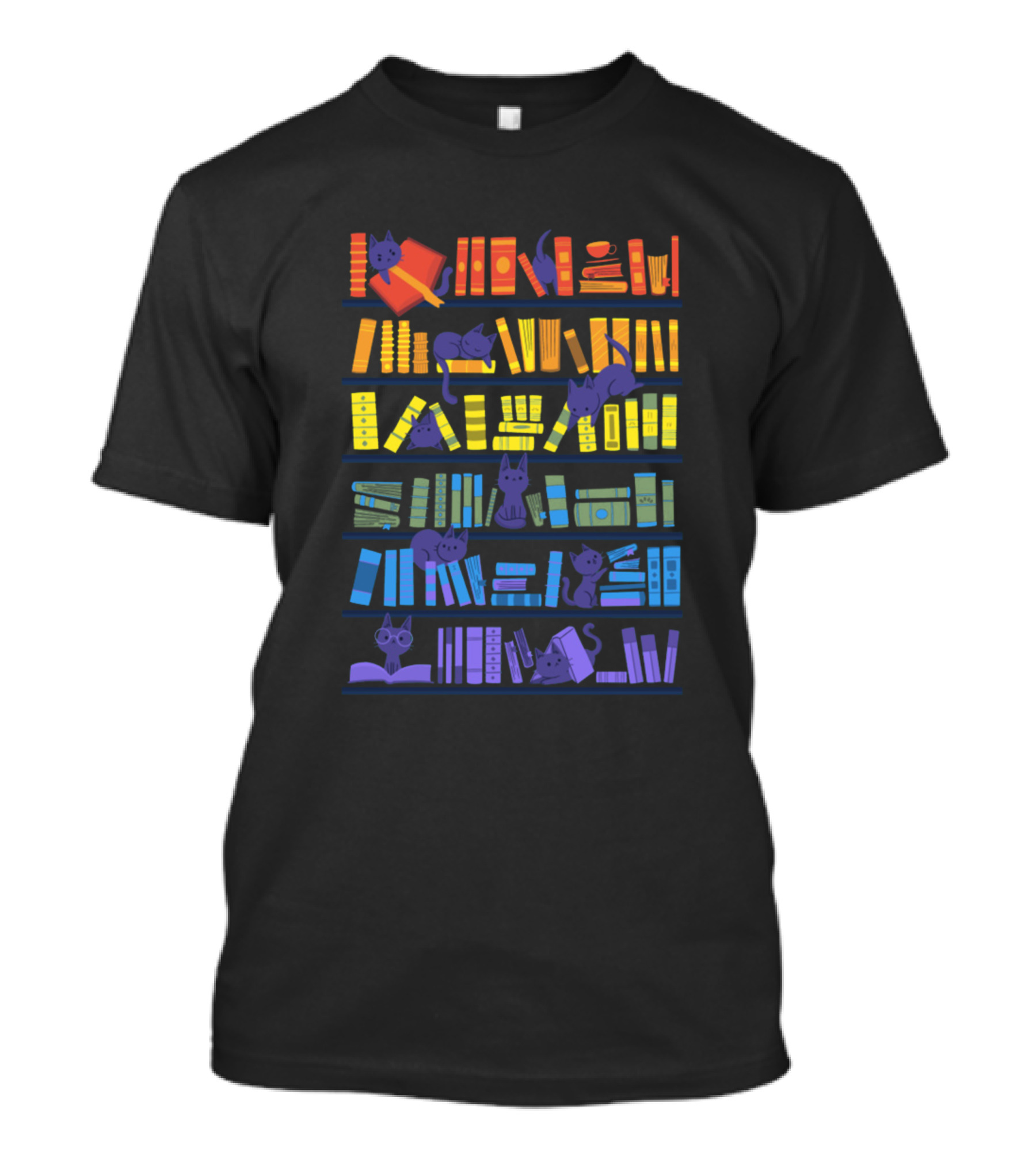 Library Shelves With Colorful Cats And Books In Red Yellow Blue Hues T-Shirt