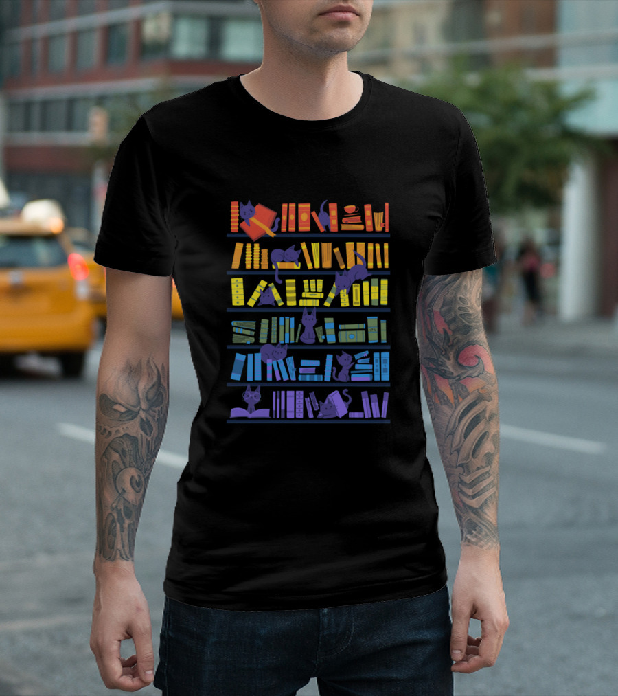 Library Shelves With Colorful Cats And Books In Red Yellow Blue Hues T-Shirt