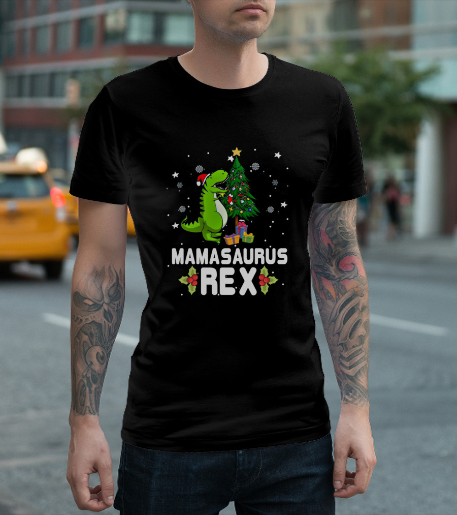 Mamasaurus Rex Dinosaur with Christmas Tree and Santa Hat T-Shirt