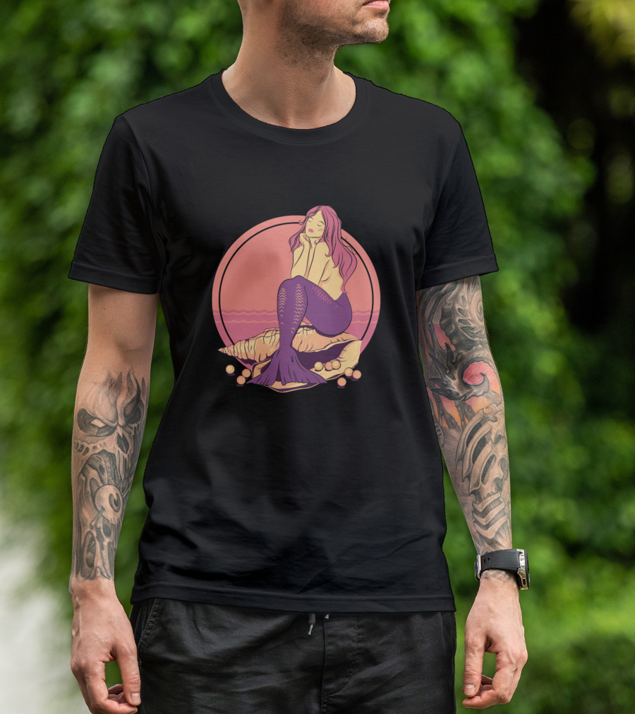 Mermaid Sitting On A Seashell In Sunset Colors T-Shirt
