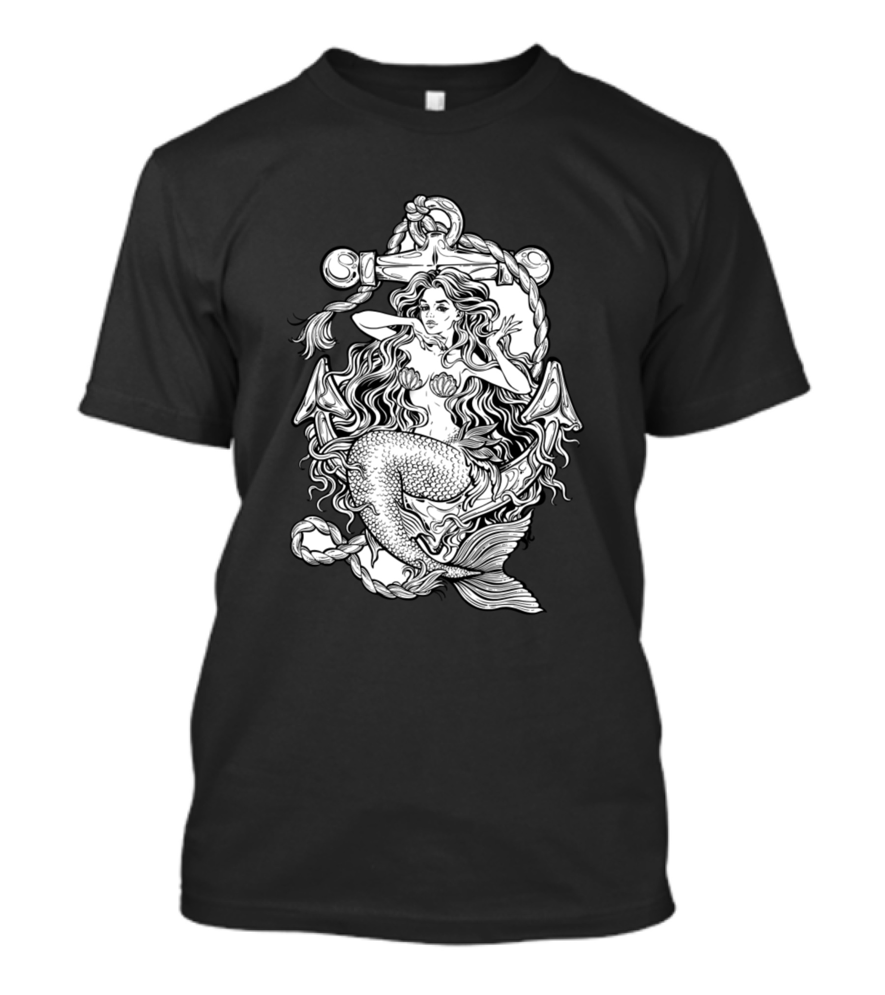 Mermaid Girl With Fairy Tale Hair Sitting On Anchor With Flowing Hair And Scales T-Shirt