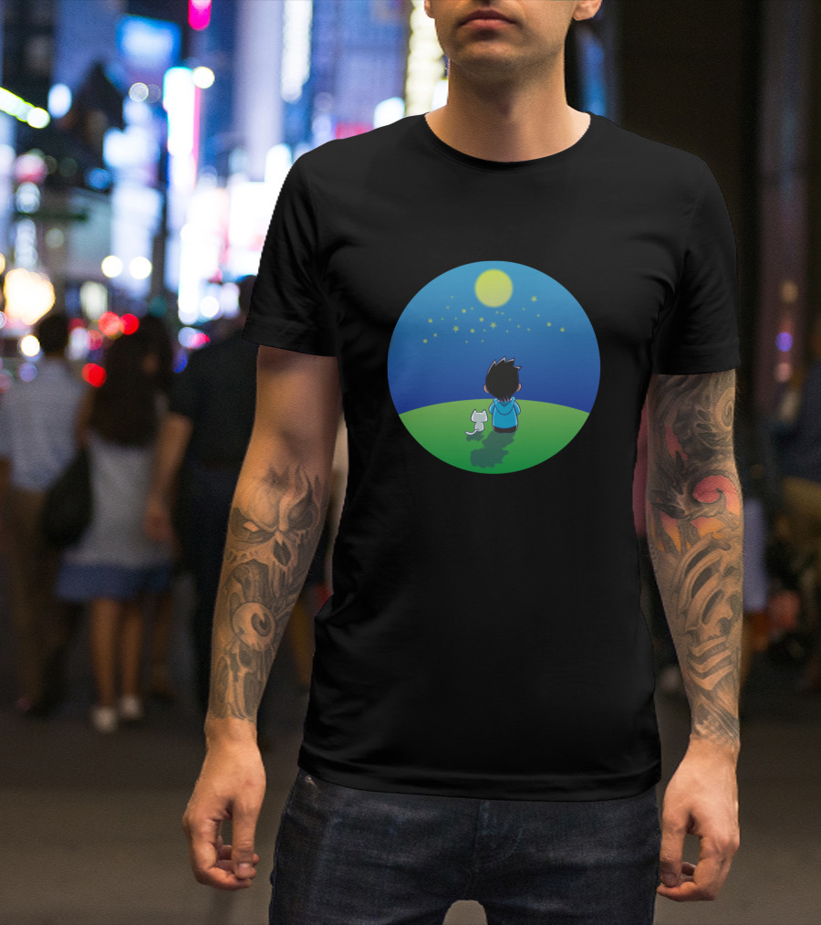 Moon Boy Starlit Night With Cat Companion T-Shirt