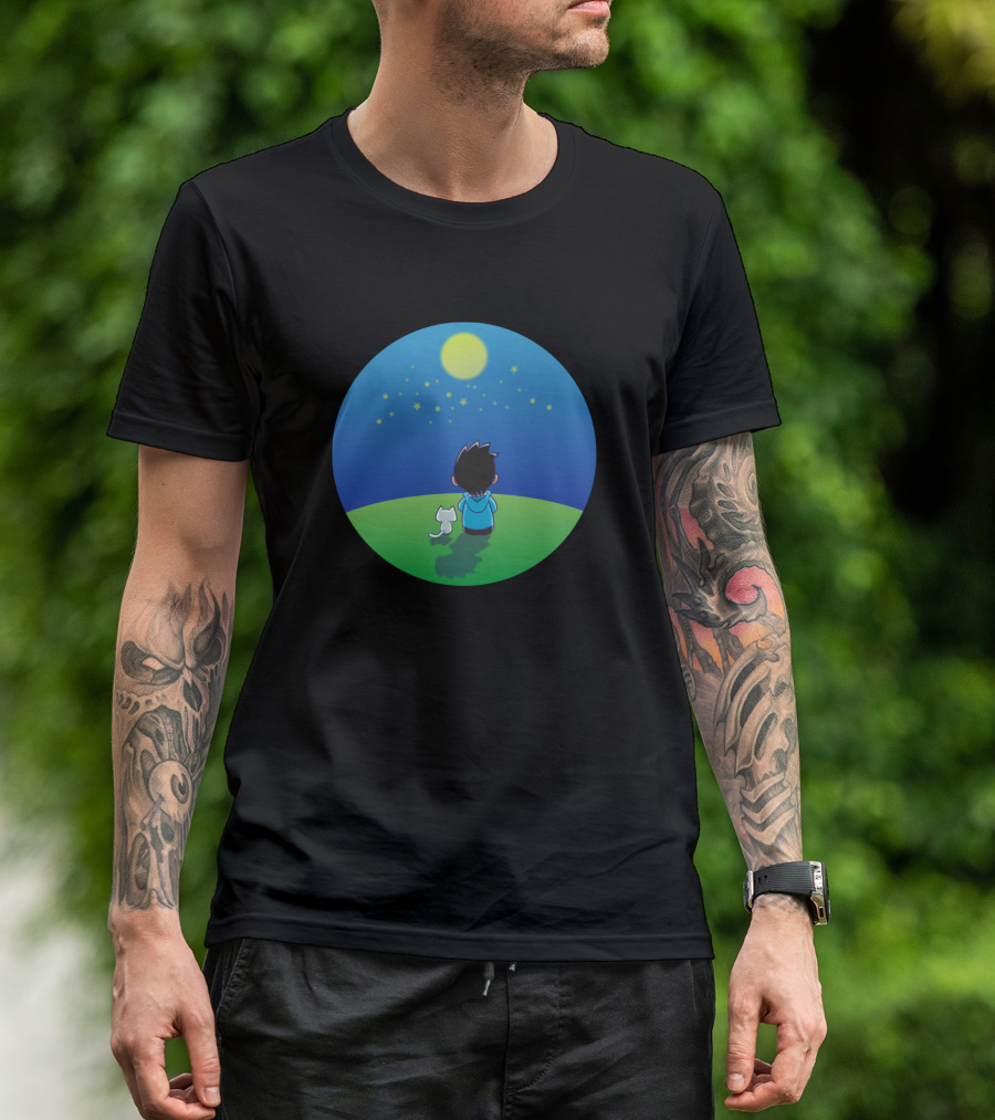 Moon Boy Starlit Night With Cat Companion T-Shirt