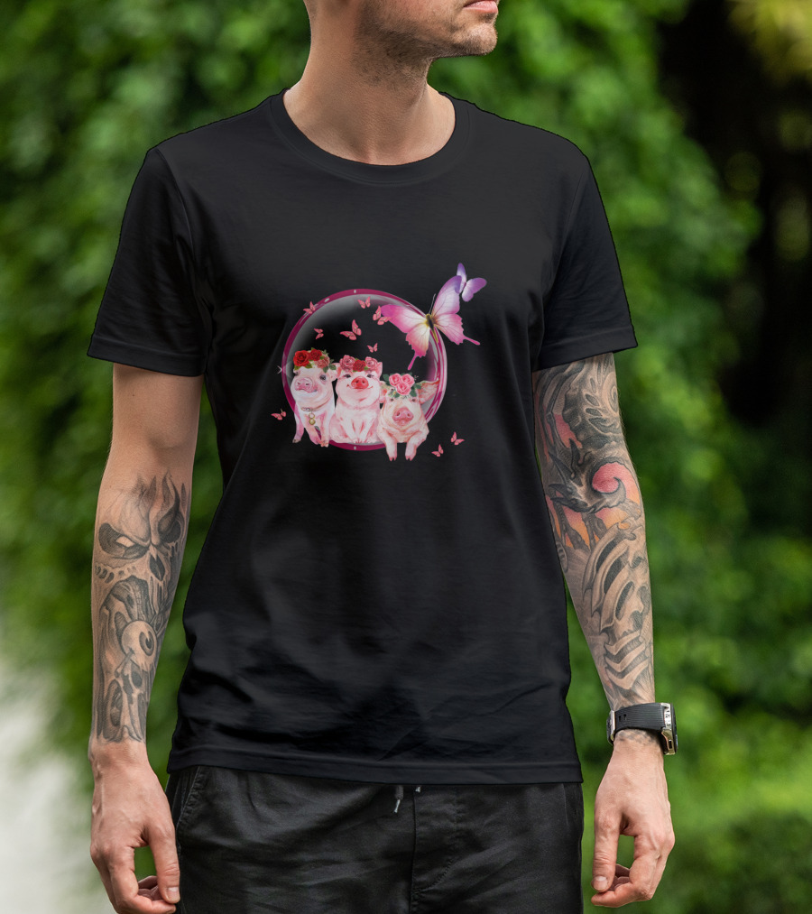 Pig God Is Great Pigs Are Good People Are Crazy With Floral Pigs And Butterfly T-Shirt